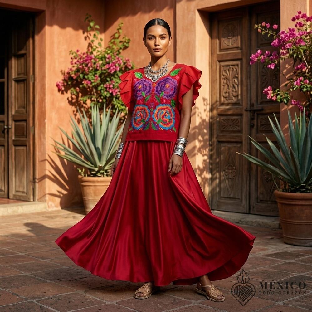 Traditional Mexican Huipil style Blouse – Handmade Embroidered Manta Top S M